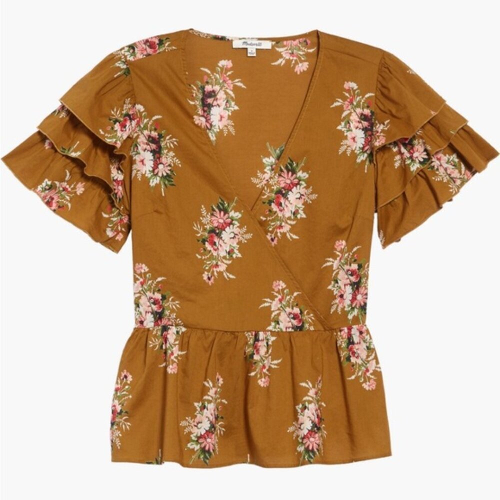 Madewell Peplum Ruffle Short Sleeve V-Neck Crossover Floral Print Size 2